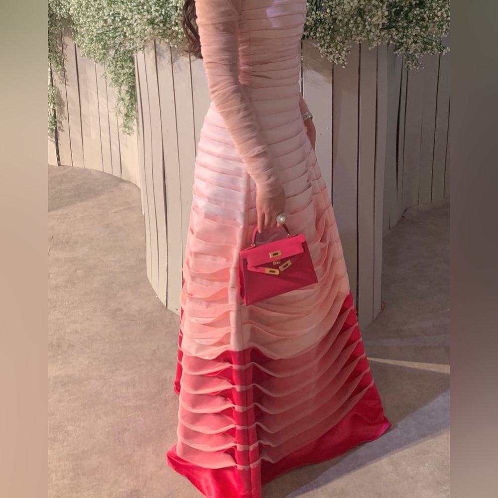 ASBY Ombré pink pleated evening dress gown with sheer long sleeves